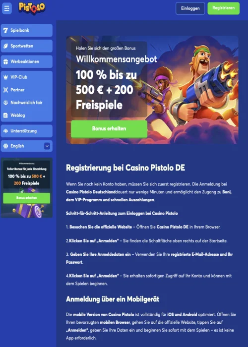 Registrierung Pistolo Casino